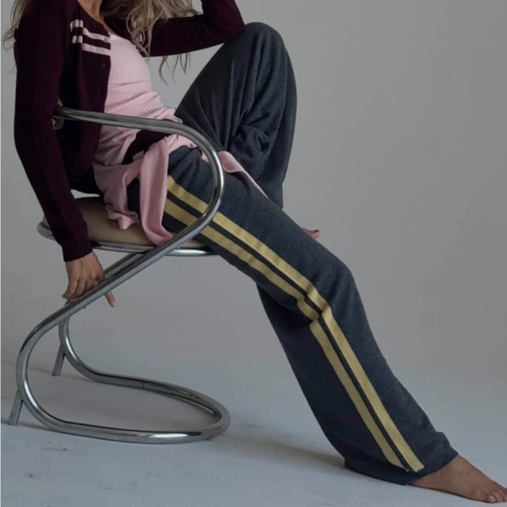Find Me Now Cashmere Wool Stripe Wide Leg Pant In Charcoal And Butter Yellow M/L